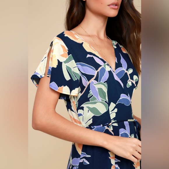 Lulus Heart of Marigold Navy Blue Tropical Print Wrap Maxi Dress - Picture 4 of 6